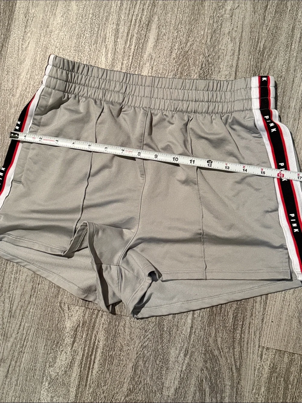 PINK Victoria's Secret Light Gray Athletic Shorts with Red & Black Side Stripes